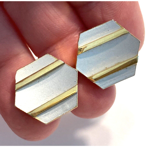 Vintage Mid Century Cufflinks Goldtone & Frosty Silvertone Geometric Hexagon - Picture 7 of 7